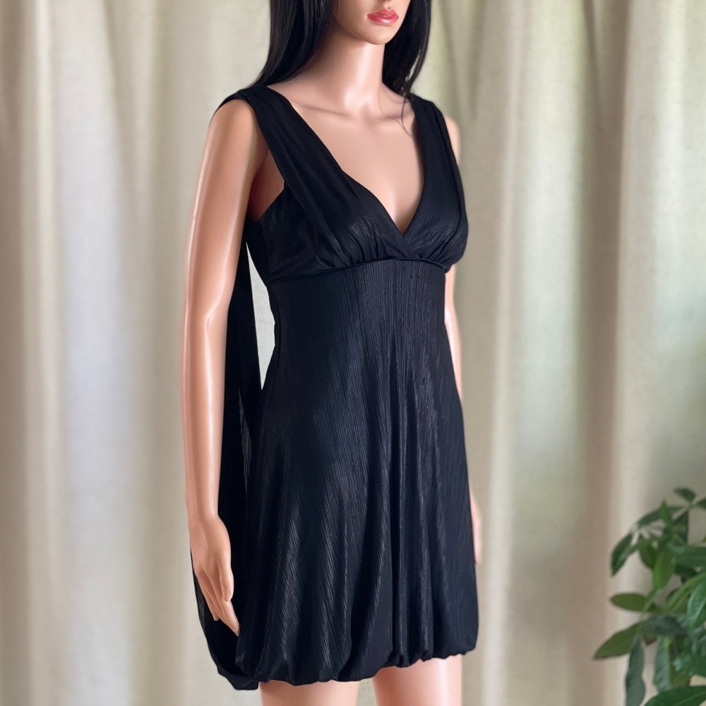 Vtg Y2K Bebe Black Bubble Hem‎ Mini Dress Draped Back Glam Metallic Goth XS